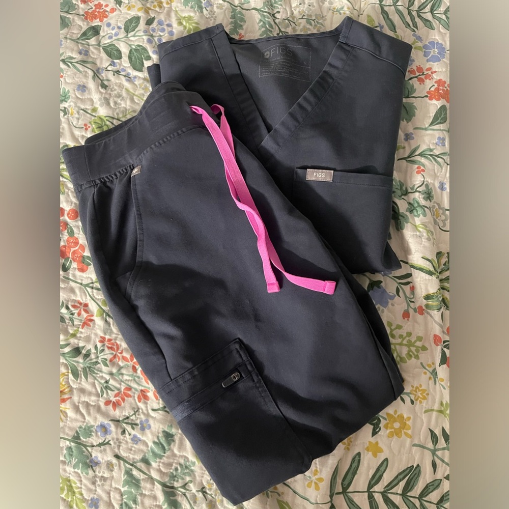Figs Blue scrubs with pink tie